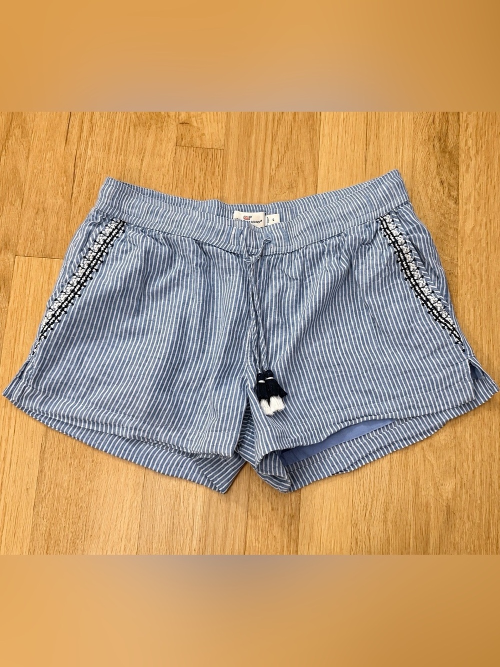 Vineyard Vines Blue White Stripe Tassel Pull-On Linen Blend Shorts Small